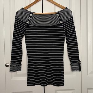 WHBM Black & White Striped Boat Neck 3/4 Sleeve Blouse Runs small